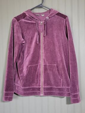Eddie Bauer Velour Full Zip Hooded Sweatshirt Front Pocket Purple Women's Medium
